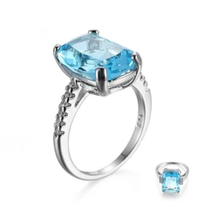 Aquamarine Blue 925 Silver White CZ Band Women's Wedding Jewelry Ring Size 6-10 - Picture 1 of 13