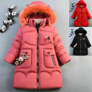 UK Kids Girls Winter Warm Hooded Coat Padded Thick Parka Long Fur Cotton Jackets - Picture 1 of 22