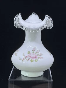 Fenton Milk Glass Silver Crest Vase with Roses Made for Sears 1970’s - Picture 1 of 7