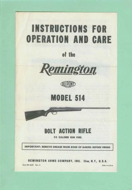 Remington Modelo 514 EARLY Propietarios Reproducción Manual Foto 1 de 1