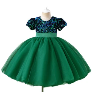 Girl's Green Sequin Knee-length Christmas Party Dress for Wedding Birthday Party - Picture 1 of 12
