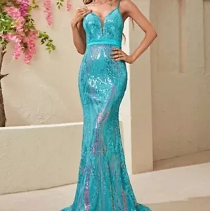 Blue Party Contrast Sequin Spaghetti Strap cami Mermaid Maxi Formal Gown - Picture 1 of 8
