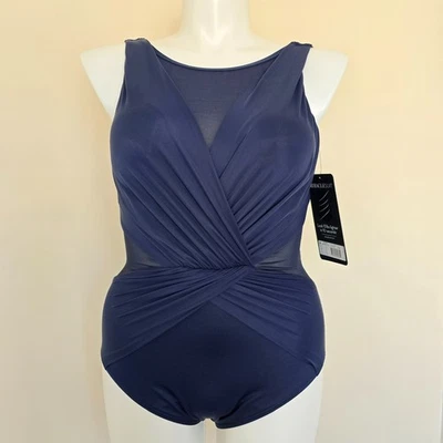 Miraclesuit Size 14 Navy Blue Palma Deep V One PIece Ruched Swimsuit NWT New - Image 1 of 4