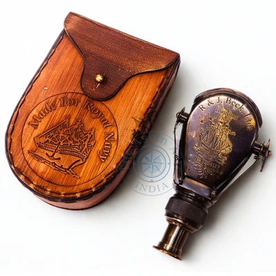 Старинный латунный монокуляр подзорная труба с кожаным чехлом сделано для Royal Navy Collectib - Изображение 1 из 4