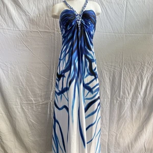 Cache Y2K Perlen Satin Kleid Damen 4 blau weiß festliches Kleid Vintage - Bild 1 von 15