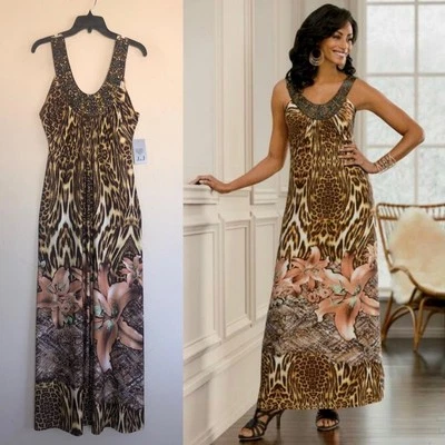 Elegante Maxi Vestido Estampado Floral de Animales de Vacaciones Tropicales con Cuentas M Tejido de Viaje Foto 1 de 4