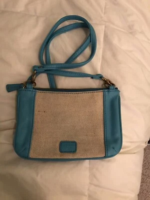 Raro Fossil - Preciosa Cartera Bandolera Turquesa/Beige Cremallera de Lino y Cuero Foto 1 de 4