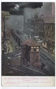 ILLINOIS Chicago ELEVATED TRAIN JUNCTION Wabash Avenue NIGHT VIEW 1908 Cancel - Picture 1 of 2