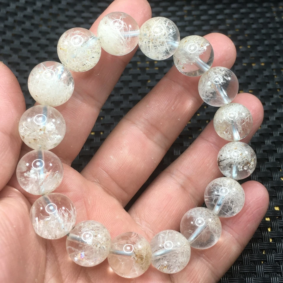 Natural Phenakite White Rutilated Quartz Snow Round Beads Bracelet 13mm AAAA - Image 1 of 4