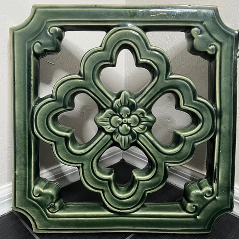 Green Majolica Tile Large Garden Wall Accent Trefoil Cutouts Double Sided Stove Cover