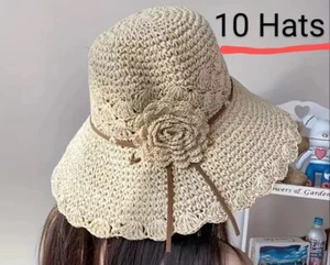 10 Piece Women's Beige Summer Straw Hat Foldable Wholesale  - Picture 1 of 4