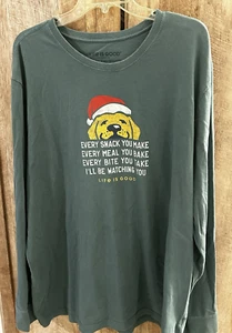 Life is Good Men's XXL L/S GREEN Crusher Tee DOG CHRISTMAS snack watching YOU - Picture 1 of 7