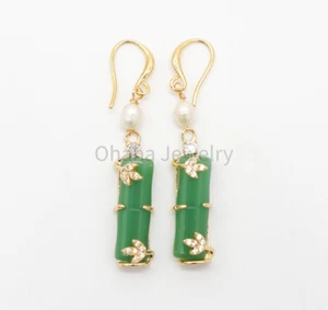 Natural Green Jade Freshwater Pearl Dangling Drop Earrings - Bamboo Leaves - Picture 1 of 3