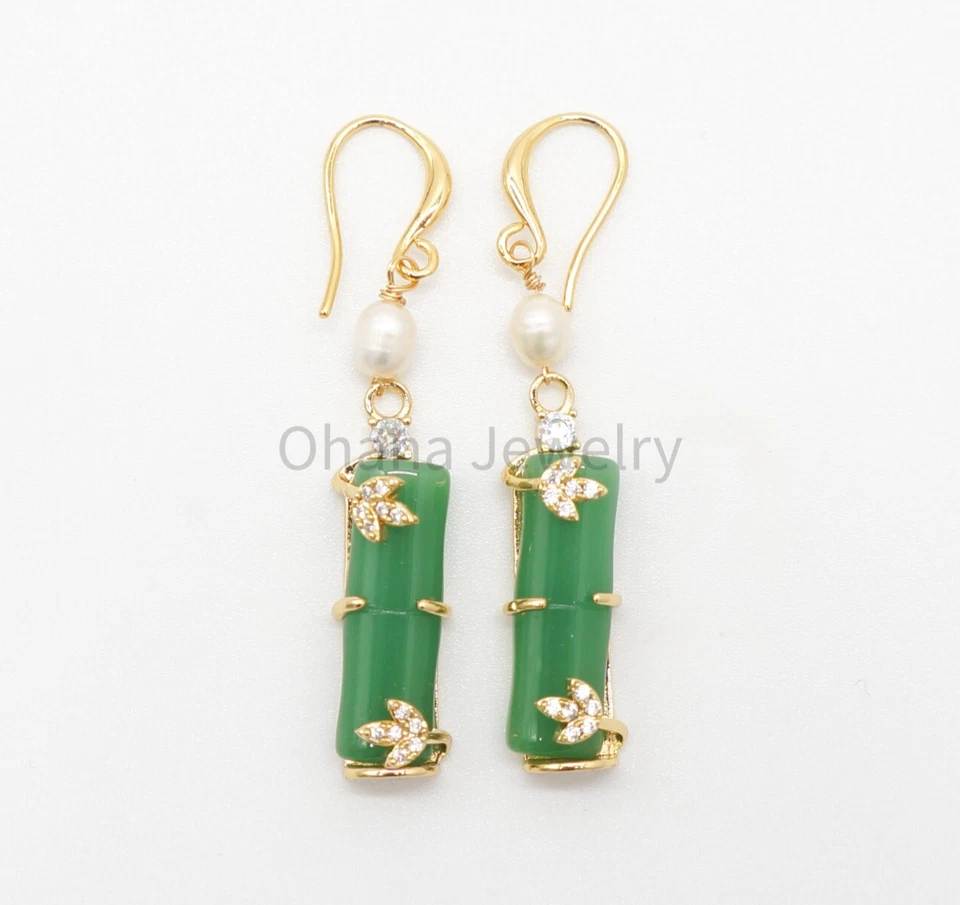 Brincos pendurados de gota de pérola de água doce de jade verde natural - Folhas de bambu - Imagem 1 de 3