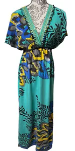Hale Bob Women’s Small 100% Silk Print Maxi Dress V-Neck Beaded Elastic Waist - Picture 1 of 11