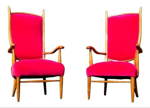 Pair of Edward Wormley for Dunbar Att. High Back Arm Chairs, Fuchsia Pink Velvet Cover