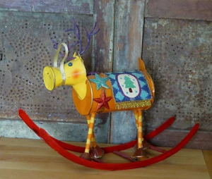 Christmas Reindeer Rocking horse Tin Metal Folk Art Holiday Decor Sparkly - Picture 1 of 6