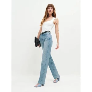Jeans Reformation para mujer 24 botones mosca Cynthia tiro alto recto lavado claro - Imagen 1 de 10
