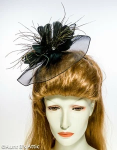 Kentucky Derby Ladies Mini Fascinator Blk Or Wht Headband Hat W/ Feather Flower - Picture 1 of 4