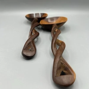Wooden Salad Fork Spoon Serving Set Twisted Braided Handles Hand Carved 12" Long - Picture 1 of 9