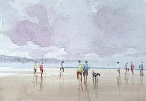 original watercolor painting ACEO Beach figures people Summer sky rural sea SIBY - Picture 1 of 3