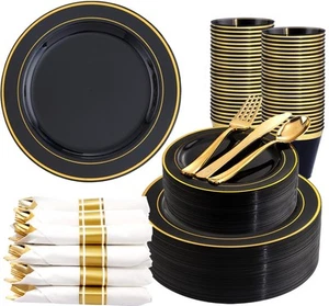 WDF Partyware 350 Pieces Black and Gold Plastic Plates with Disposable Silver... - Picture 1 of 7