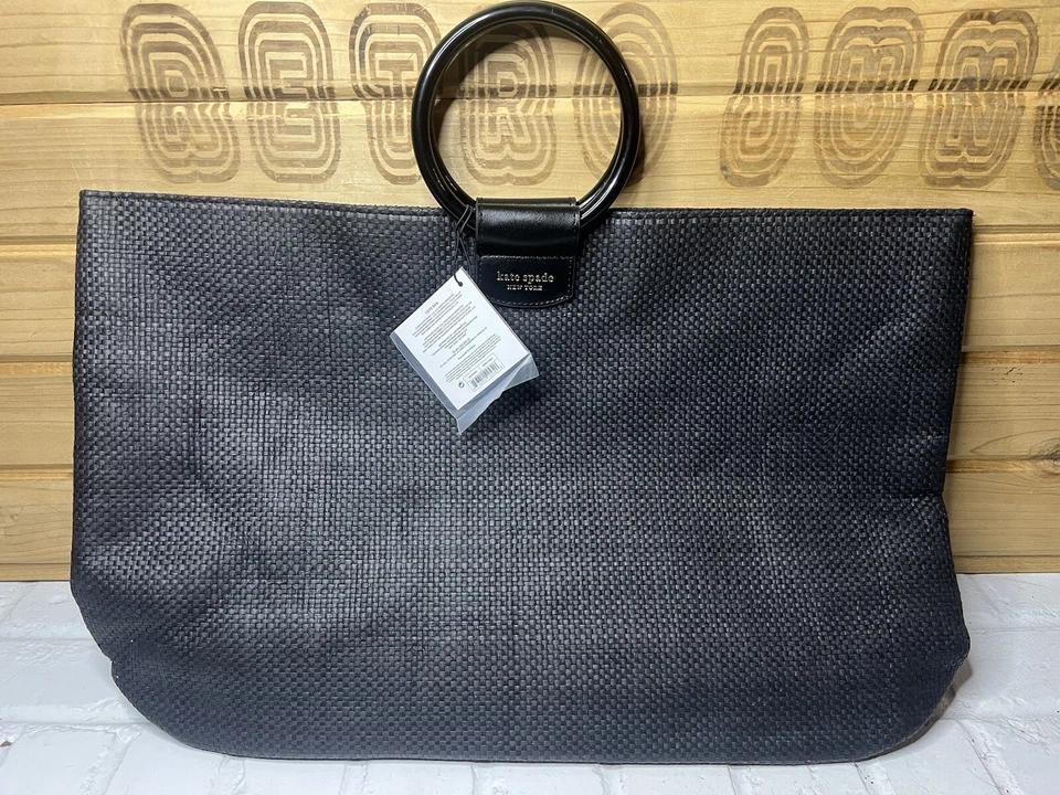 Kate Spade Woven Black Straw LOOK Tote Bag SHOPPER Hoop Bracelet Ring Handle