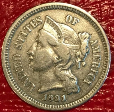 HIGH GRADE XF 1881 THREE CENTS NICKEL COIN-DEC217 - Image 1 of 2