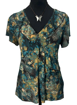 Susan L. Tie Dye Paisley Boho Stretch Blouse Top Sz L Y2K Ruffle Vintage Hippie Foto 1 de 4