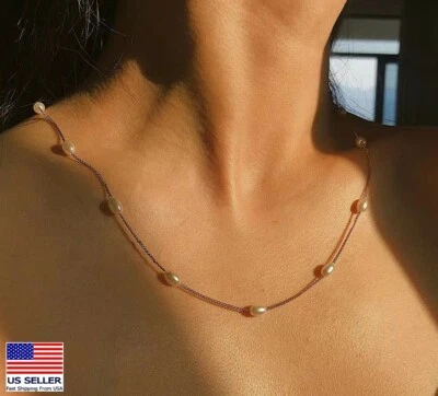 Moda Mujeres Cadena Joyería Collar Perlas Ovaladas Plata Gargantilla Colgante 1166 Foto 1 de 2