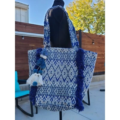 Bolso de Playa Magid Algodón Borlas Azules Nuevo con Etiquetas Foto 1 de 4