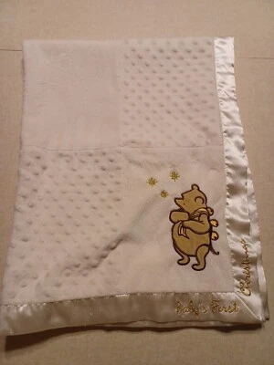 Disney Classic Pooh Baby Blanket Baby's First Christmas Ivory Fleece Satin - Image 1 of 4