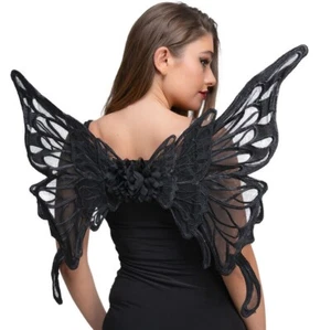 DELUXE LACE BAT WINGS Butterfly Black Fairy Gothic Fancy Dress Halloween Ladies - Picture 1 of 4