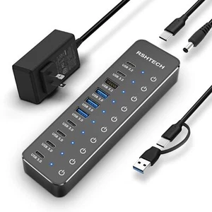 RSHTECH 10 Ports Powered USB 3.2/USB C Hub Splitter 60W with 3 x 10Gbps USB 3.2 - Picture 1 of 8
