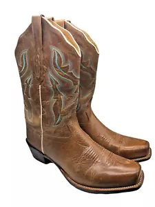 Old West Cowboy Boots Size 10 Womens Brown Blue Stitched Leather Cowgirl Western - Picture 1 of 10