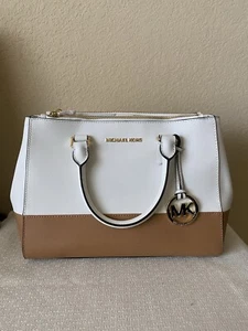 Michael Michael Kors Sutton Medium Colorblock Satchel Crossbody Bag White/Tan - Picture 1 of 9