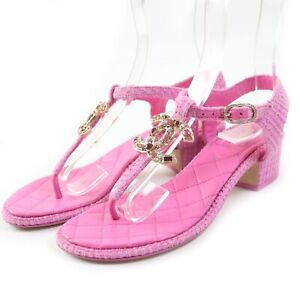 CHANEL G36402 Tweed Leather Thong Sandals 36C Pink Authentic Women Used