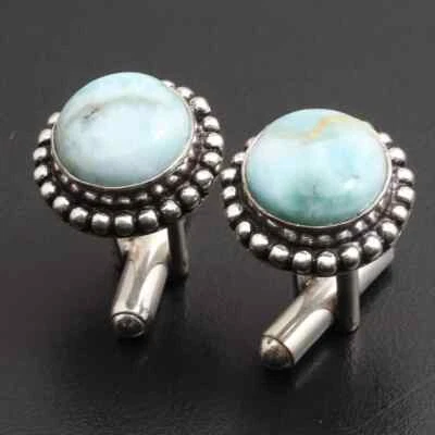 Gemelos naturales de plata de ley 925 con piedras preciosas Larimar joyas hechas a mano para hombre Foto 1 de 4