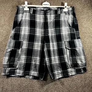 Modern Culture Cargo Shorts Men's 34 Black White Plaid Cotton Flat Front Zip Fly - Picture 1 of 10