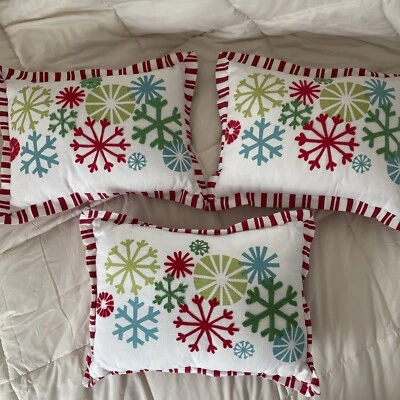 Christmas Throw Pillow Set Of 3 Embroidered Snowflakes Holiday Decor Winter - Image 1 of 4