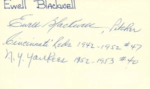 Tarjeta de índice firmada 3x5 Ewell Blackwell 1942 Cincinnati (diciembre de 1996) con certificado de autenticidad JSA - Imagen 1 de 2