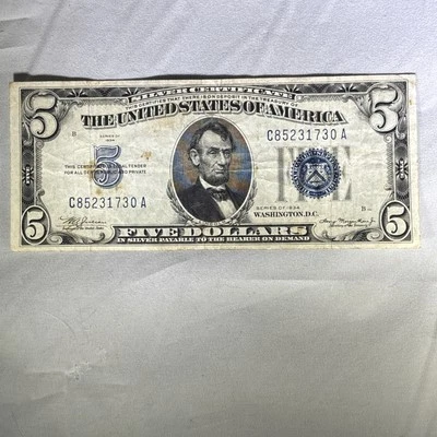 ✯$5 Silver Certificate Note✯ Blue Seal ✯Old Money Bill 1934✯ VF-AU - Image 1 of 2