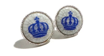 JUEGO DE FABULOSOS GEMELOS PORCELANA BLANCA CORONA REAL AZUL VINTAGE 25,0 mm Foto 1 de 4