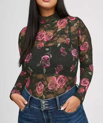 Top Torrid 2 Negro Transparente Elástico Encaje Cuello Simulado Manga Larga Floral Rosa 2X 18 20 Foto 1 de 4