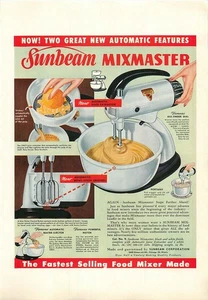 Anuncio impreso vintage 1950 a 2 caras - mezclador de alimentos Sunbeam Mixmaster - Imagen 1 de 2