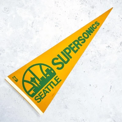 Vintage Seattle Supersonics Pennant • 70s Yellow NBA Felt Large • 30" x 12" - Image 1 of 4