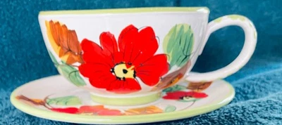 DESIGN DE PAPOULA VERDE E VERMELHA PINTADO À MÃO ITALIANO 16 OZ. COPO E PIRES DE SOPA - Imagem 1 de 4