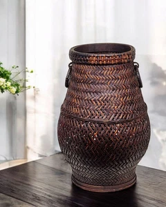 Vtg Ikebana Vase HandWoven Rattan Wicker Basket Loop Handles Spring Flower Vase - Picture 1 of 10
