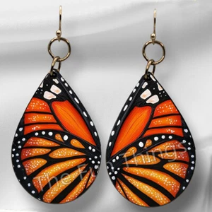 Unique Monarch Butterfly Wings Teardrop Earrings NO TARNISH Wood Dangle Artisan - Picture 1 of 8