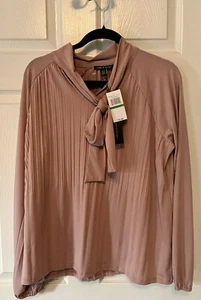 NWT $78 Cable & Gauge Women Dusty Pink Top Blouse Large L Pleated Tie - Picture 1 of 6
